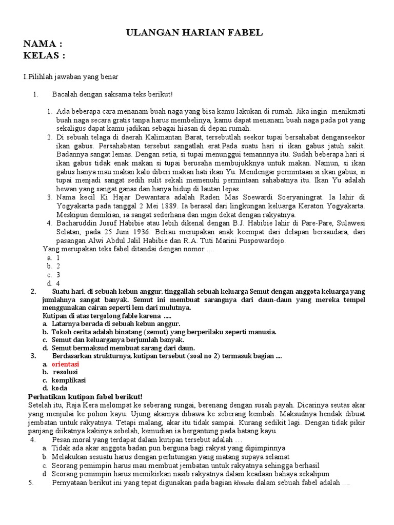 Ulangan Harian Fabel New Siswa Docx
