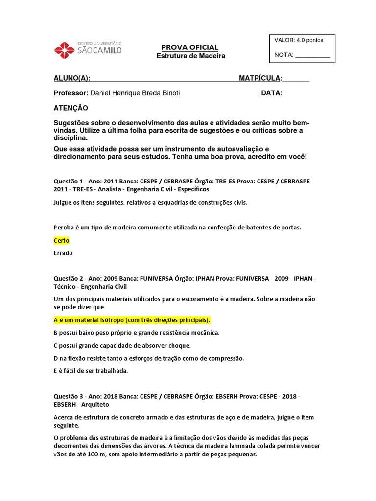 Lista 3 de Exerccios - Sistemas Estruturais II, PDF, Madeira