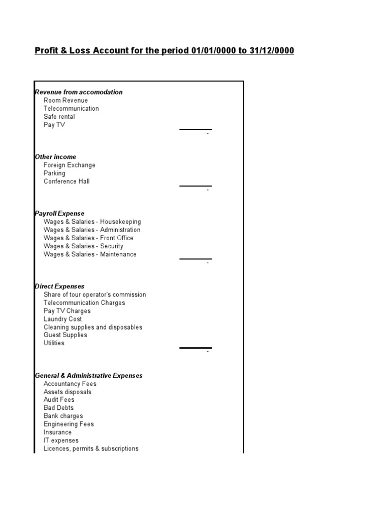 Hotel Sample P L And Bal Sheet Expense Debt