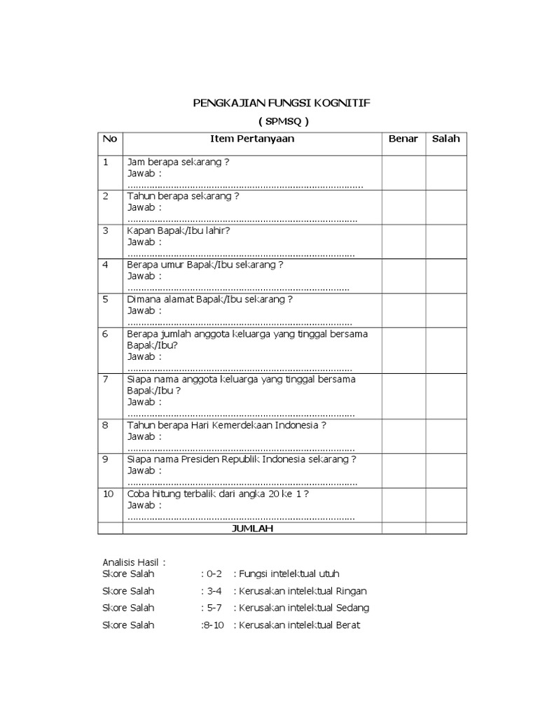 Pengkajian Fungsi Kognitif SPMSQ | PDF