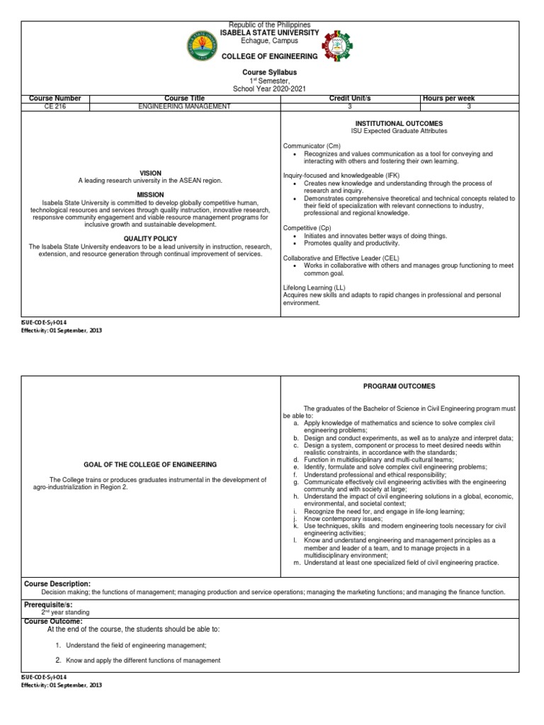 Engineering Management Course Syllabus | PDF | Engineering | Lifelong ...