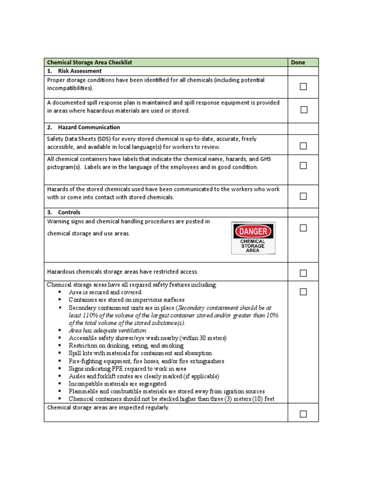Chemical Storage Area Checklist Done 1. Risk Assessment | PDF | Safety