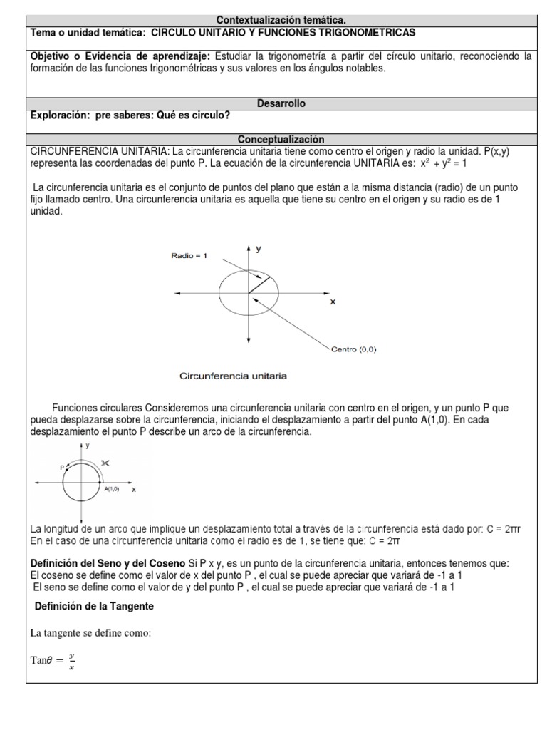 Círculo Unitario Guia 3 | PDF | Funciones trigonométricas | Circulo