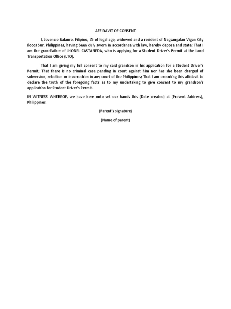 Affidavit of Consent for Student Permit | PDF