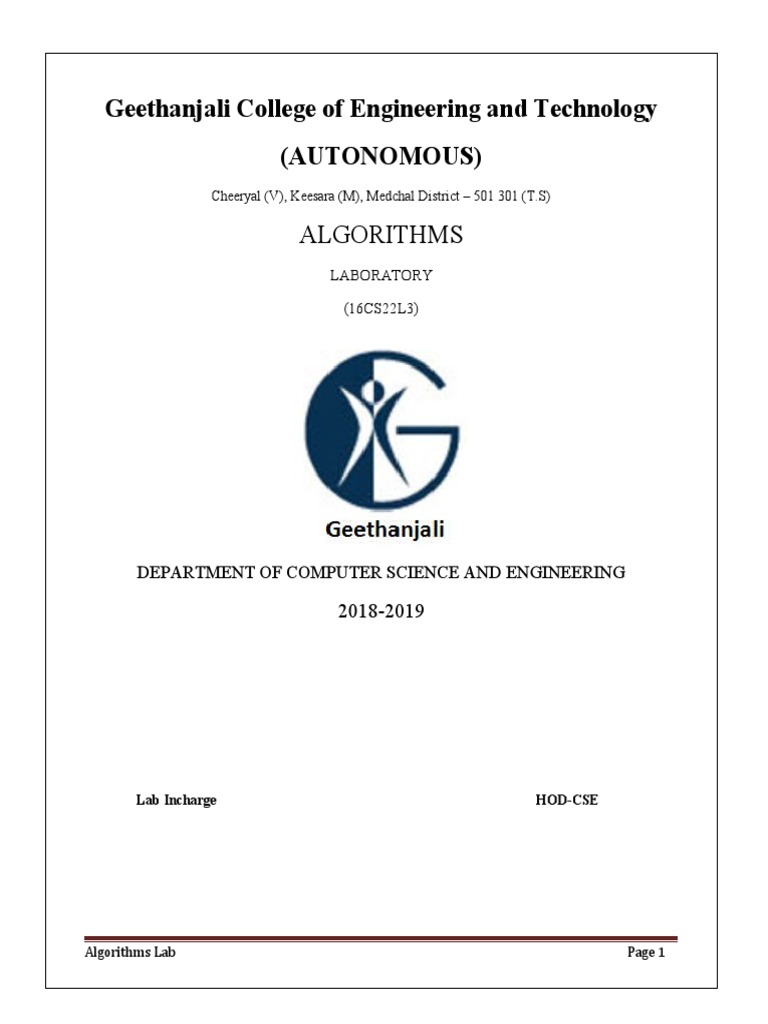 Algorithms Laboratory at Geethanjali College | PDF | Combinatorics ...