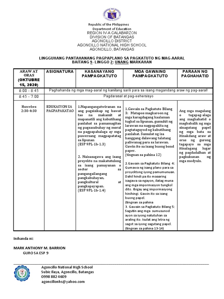 Weekly Home Learning Plan English-ESP-2nd-week | PDF