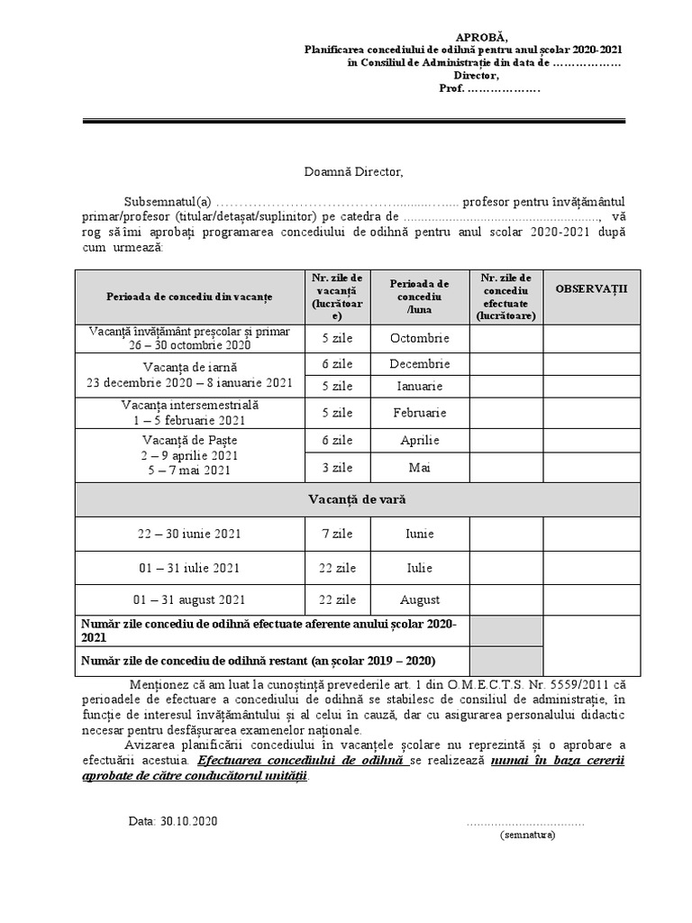 Model Cerere Programare Concediu | PDF