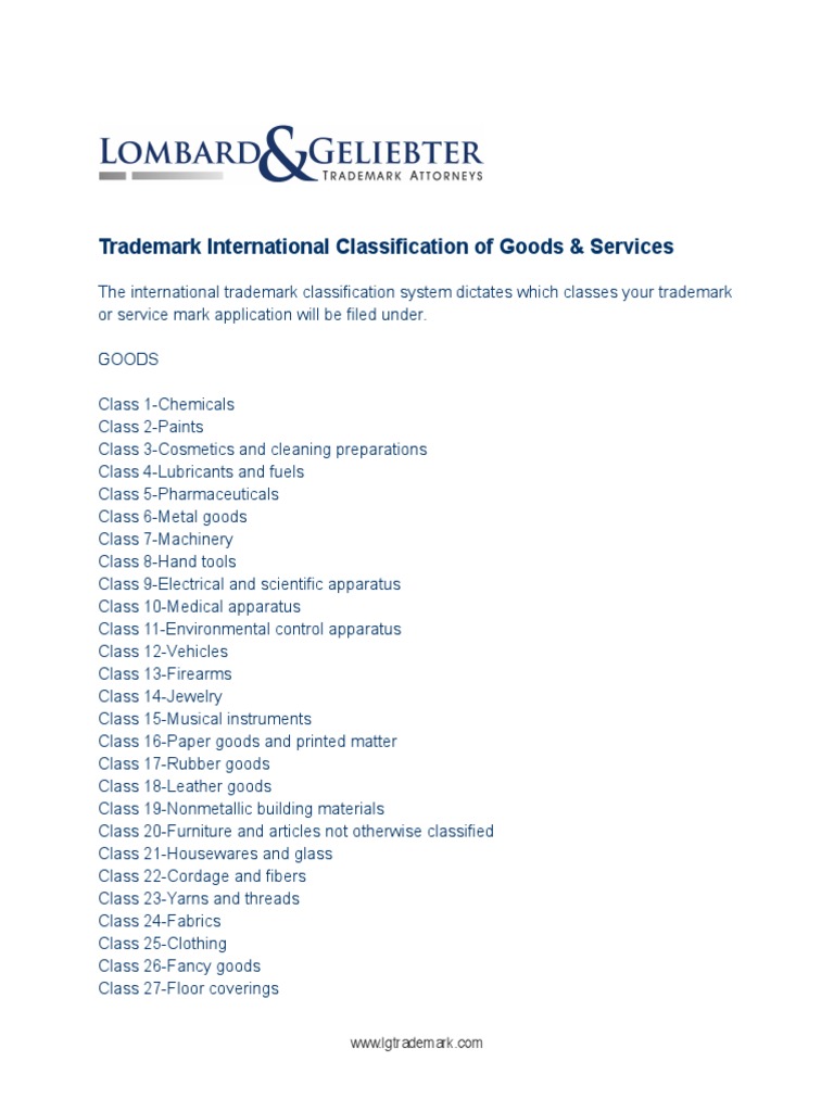Trademark International Classification of Goods & Services PDF