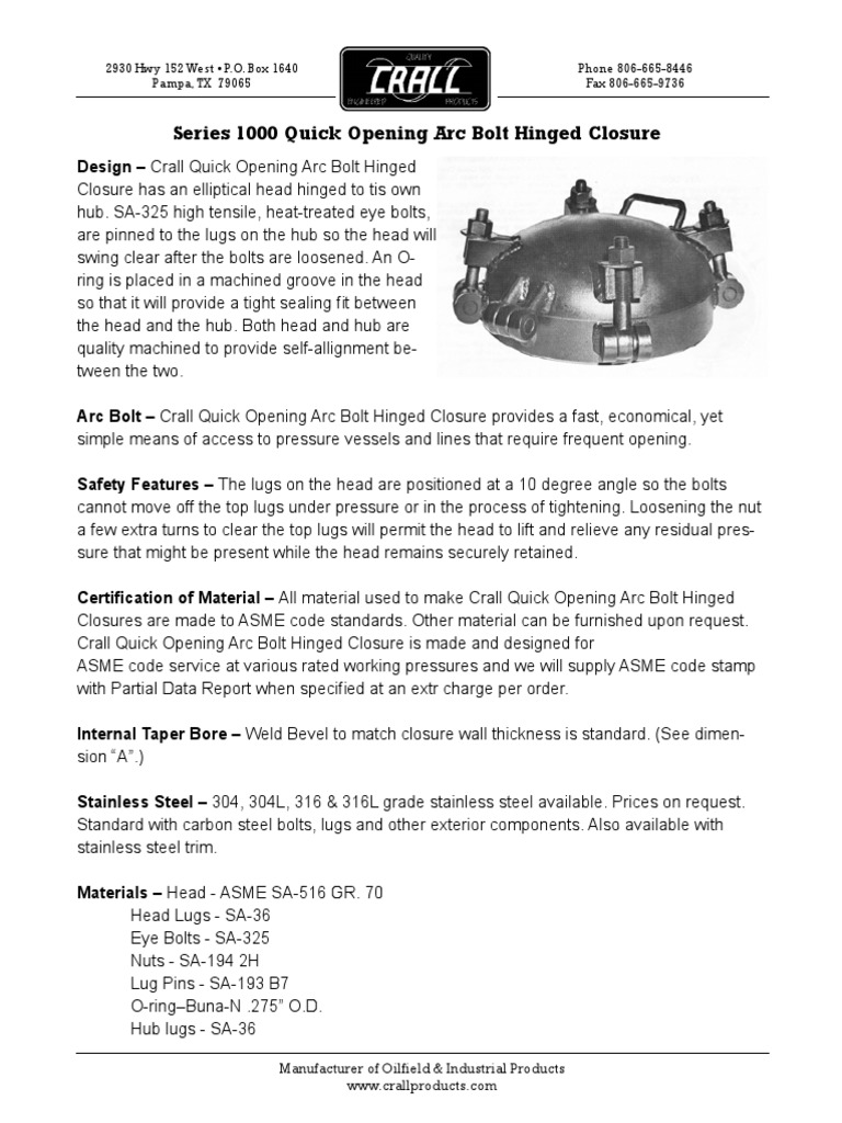 Series 1000 Hinged Closure | PDF | Screw | Pipe (Fluid Conveyance)