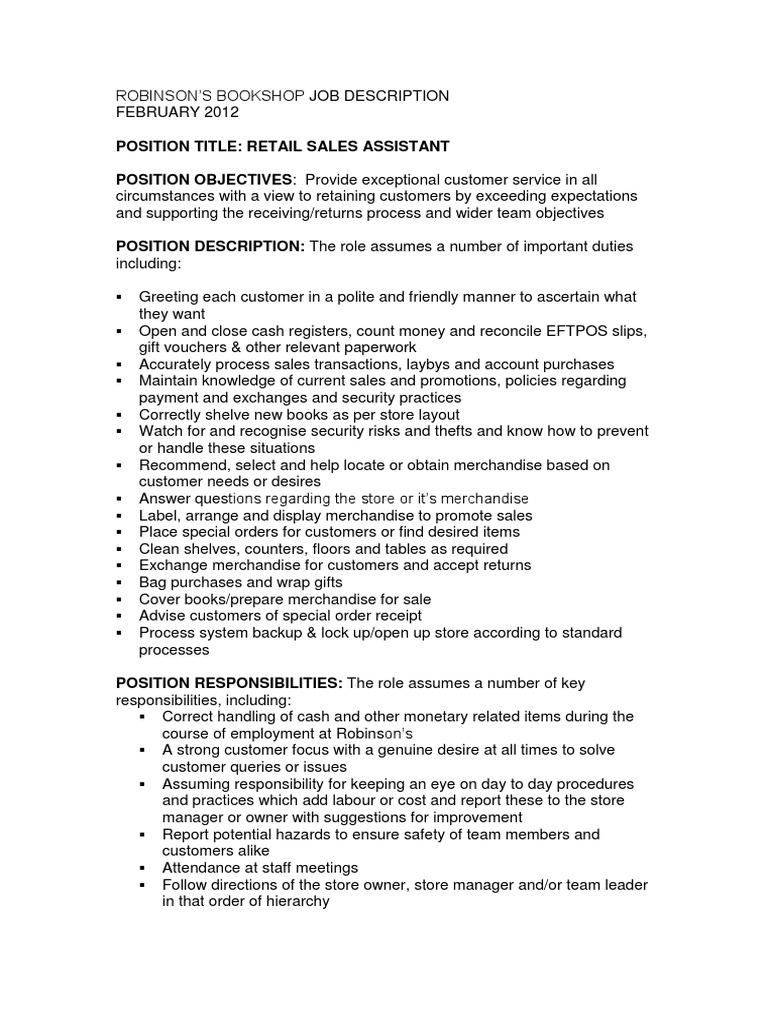 Retail Sales Assistant Job Description | PDF | Merchandising | Sales