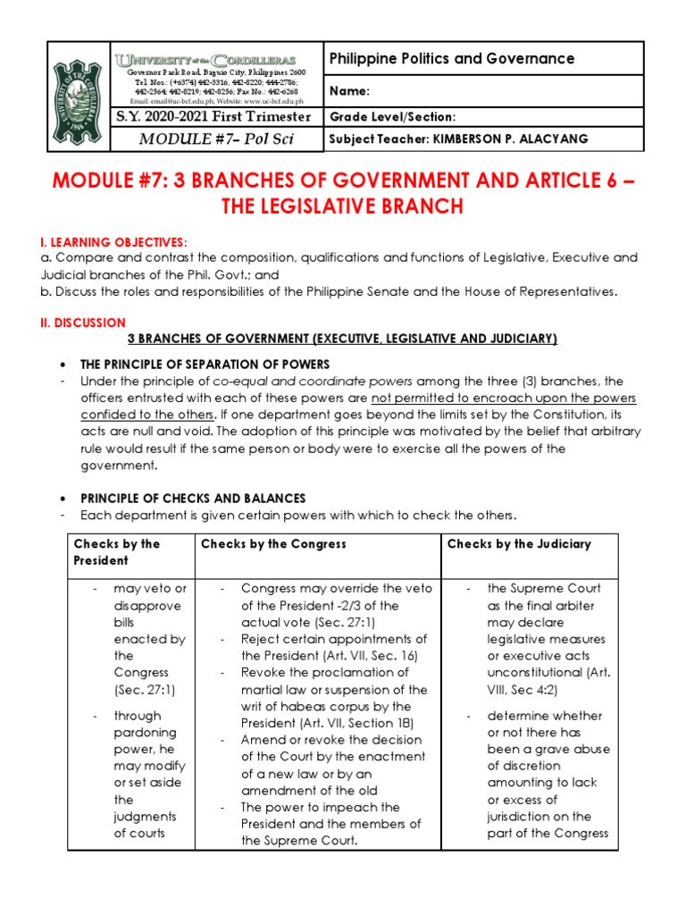 Module #7 - 3 Branches Of Government - Article 6 Legislative Branch | Pdf |  Veto | Bill (Law)