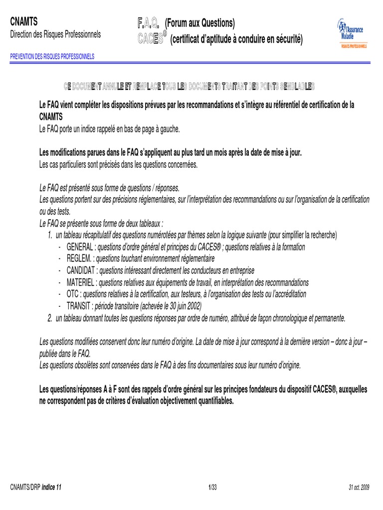 Test Caces 1 3 5 Gratuit 150 Questions Faq 11 - Caces | PDF | Chariot élévateur | Santé et sécurité au travail