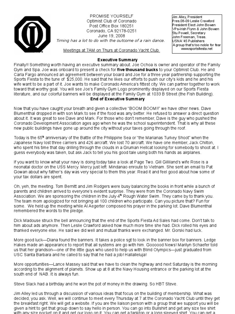 Optimist Club Meeting Highlights June 2008 | PDF | Leisure | Violence