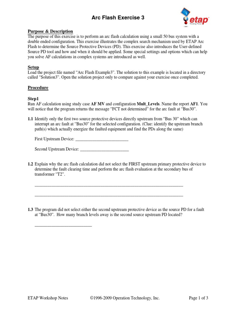 Purpose & Description: Arc Flash Exercise 3 | PDF | Electrical ...