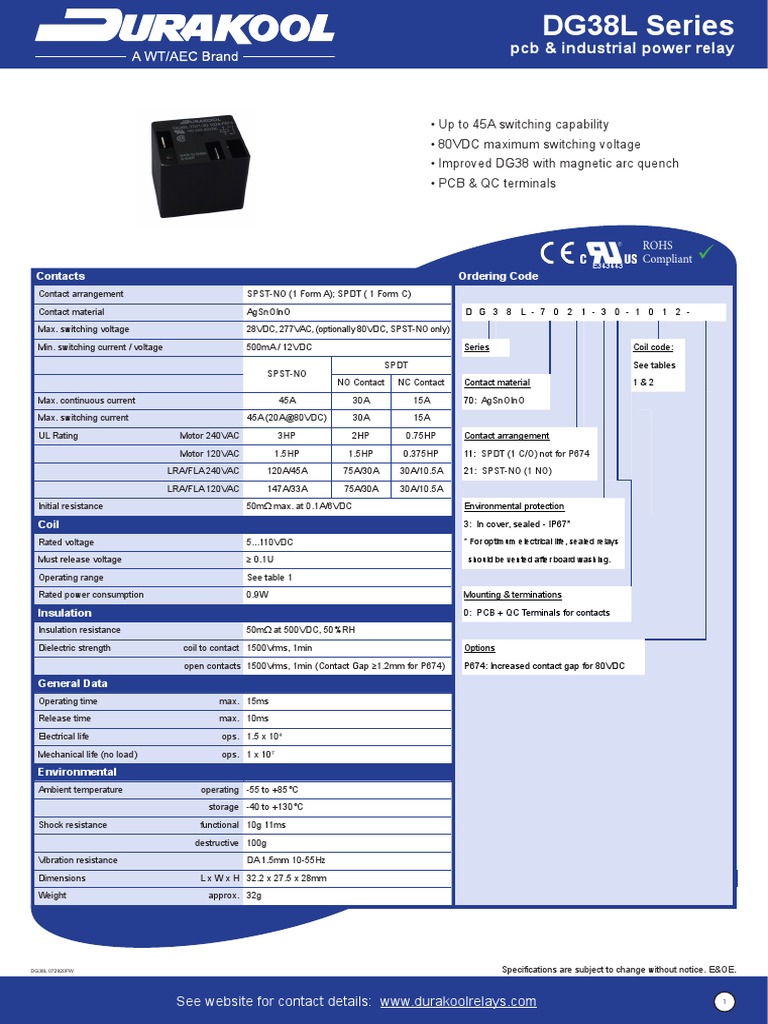 DG38L PCB Power Relay Specifications | PDF | Switch | Relay