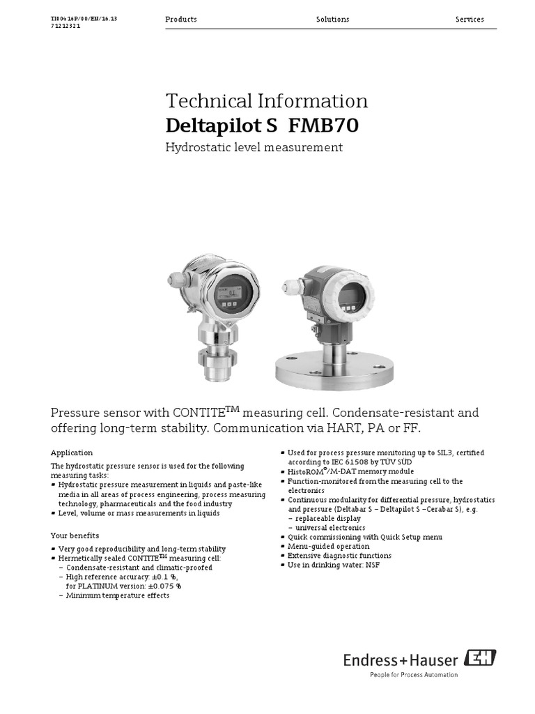Technical Information Deltapilot S FMB70: Hydrostatic Level Measurement ...