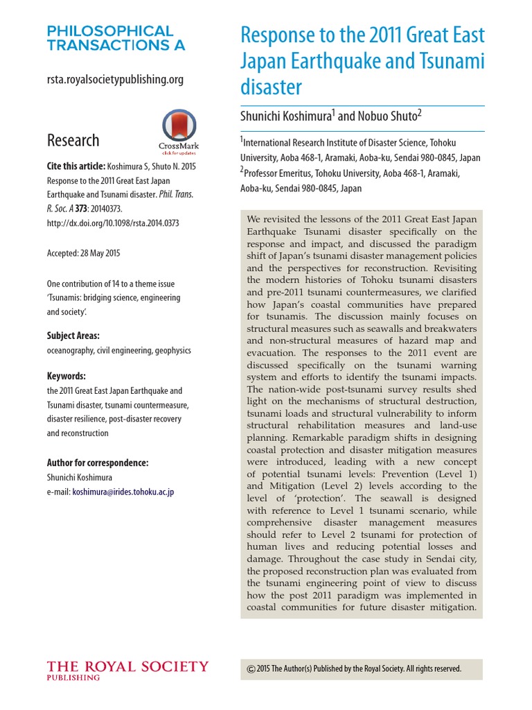 Response To The 2011 Great East Japan Earthquake and Tsunami Disaster ...