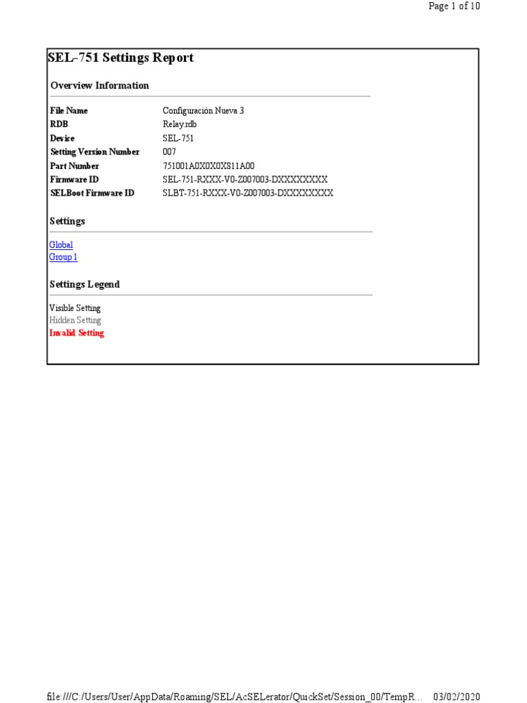 SEL-751 Configuration Settings Report | PDF | Electrical Impedance ...