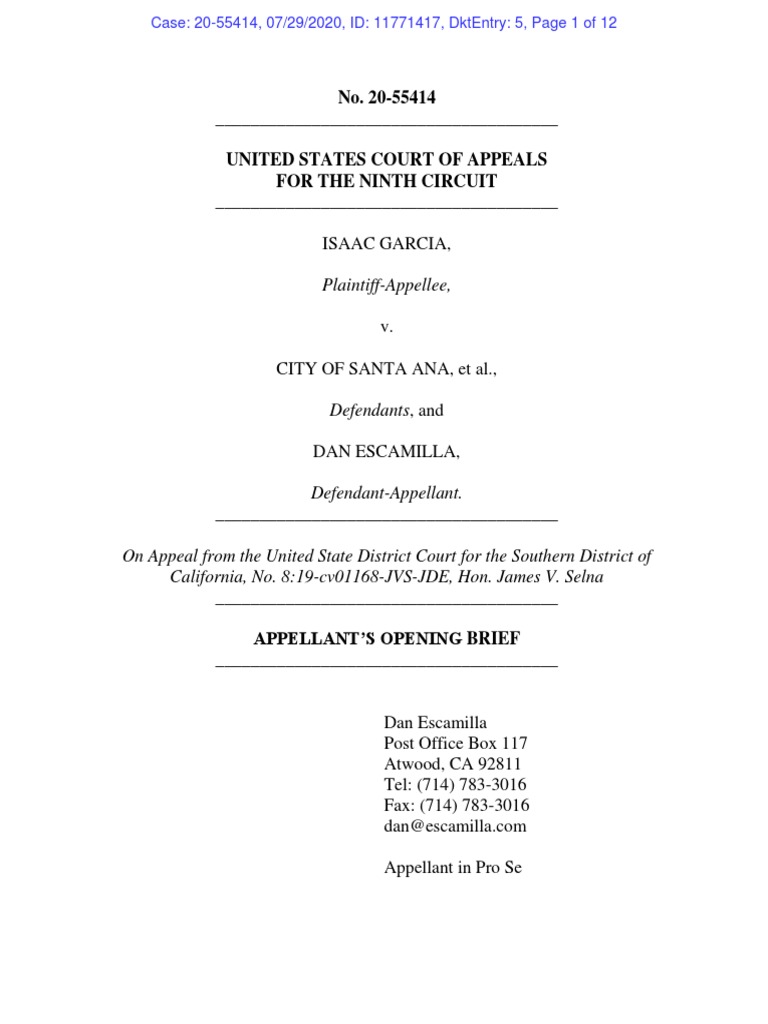 Appellant's Opening Brief Before The Ninth
