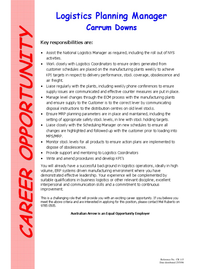 Logistics Planning Manager Job Description PDF Logistics Economies