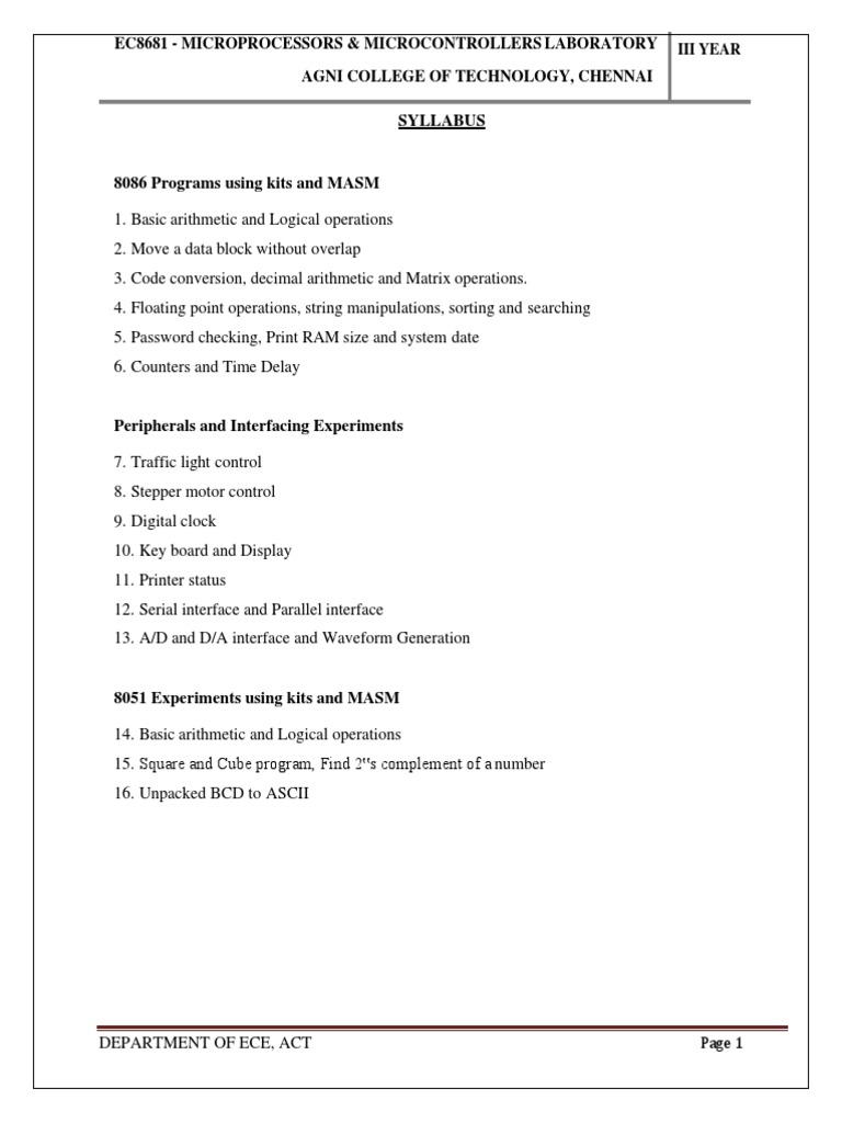 Ec8681 MPMC Lab Vi Sem Ece PDF Assembly Language Microprocessor