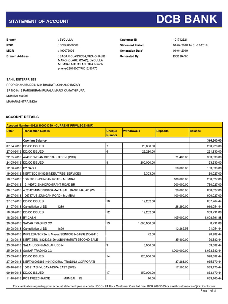 DCB Bank Account Statement 2018-2019 | PDF | Banking Technology ...
