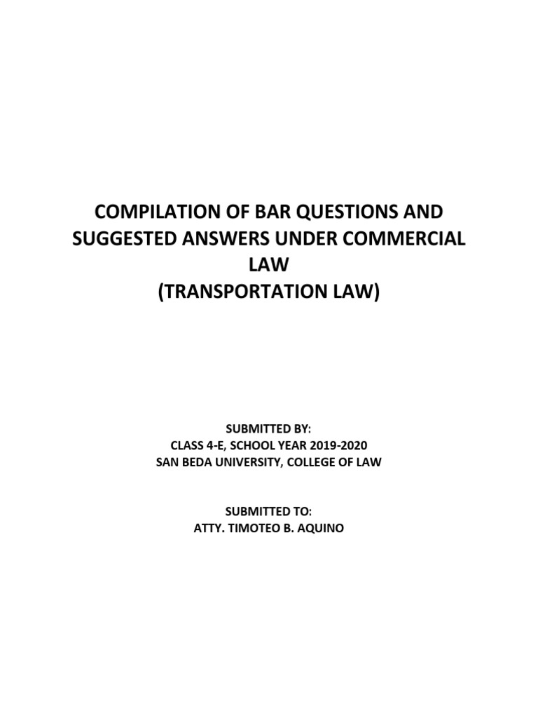 Compilation of Bar Questions and Suggested Answers Under Commercial LAW