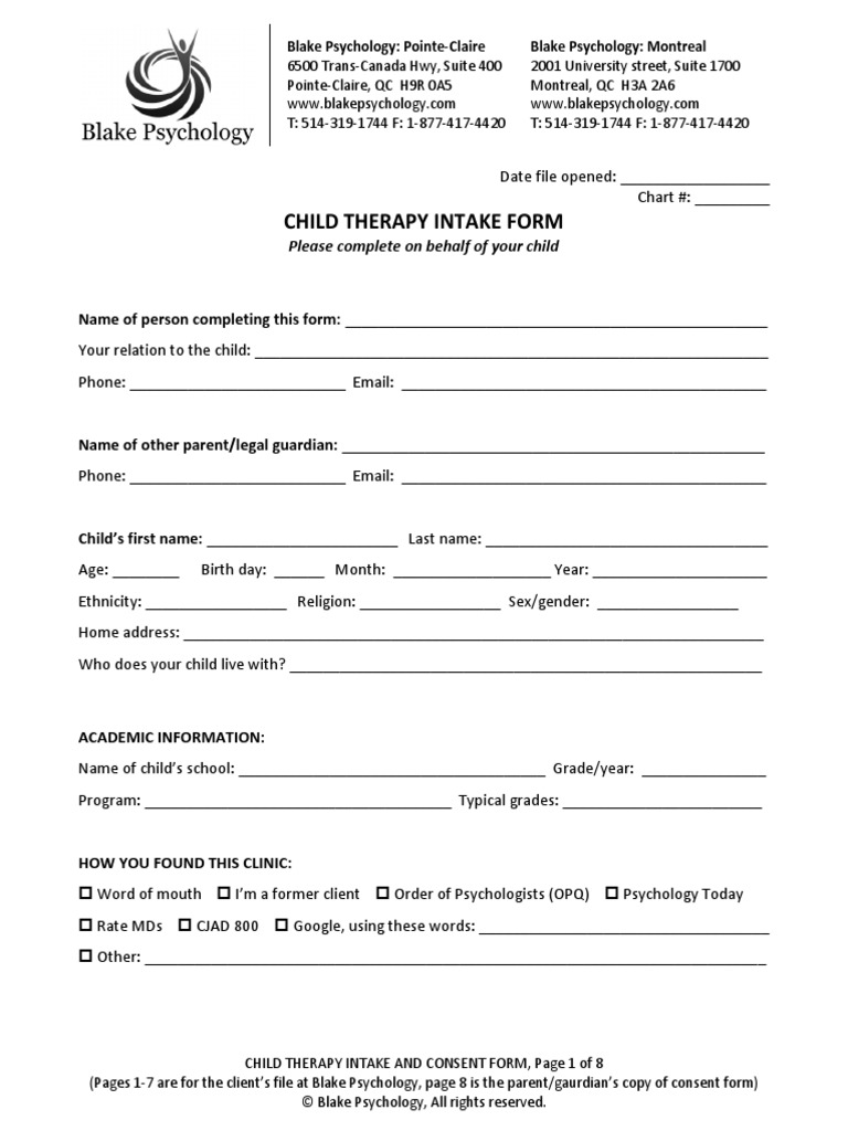 Child Therapy Intake Form: Please Complete On Behalf of Your Child ...