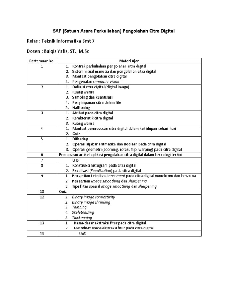 SAP Pengolahan Citra Digital Teknik Informatika | PDF | Komputer