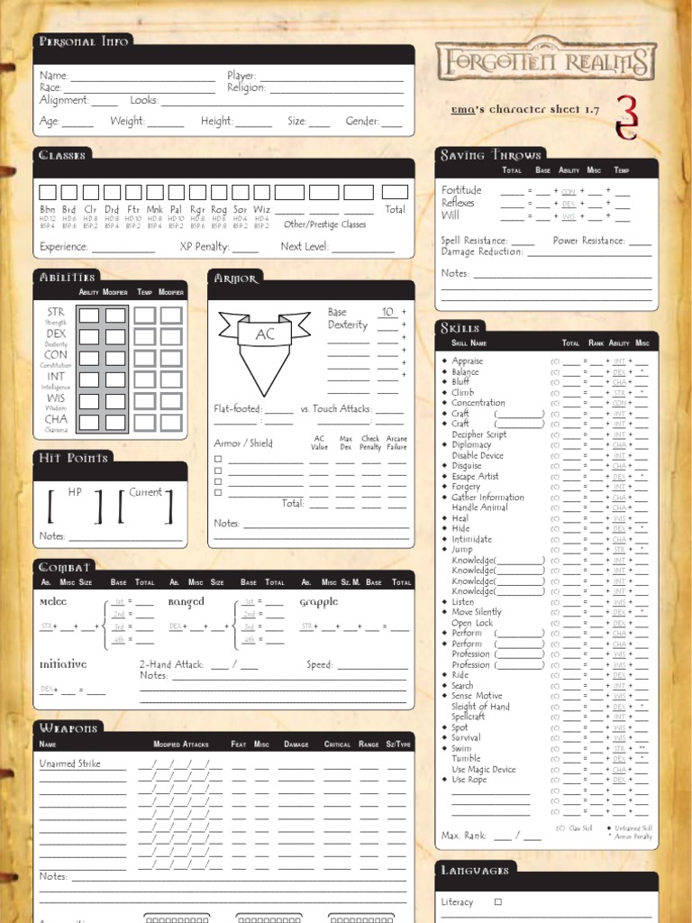 Forgotten Realms 3 5e Character Sheet 1 7 Pdf Military Technology Military Science
