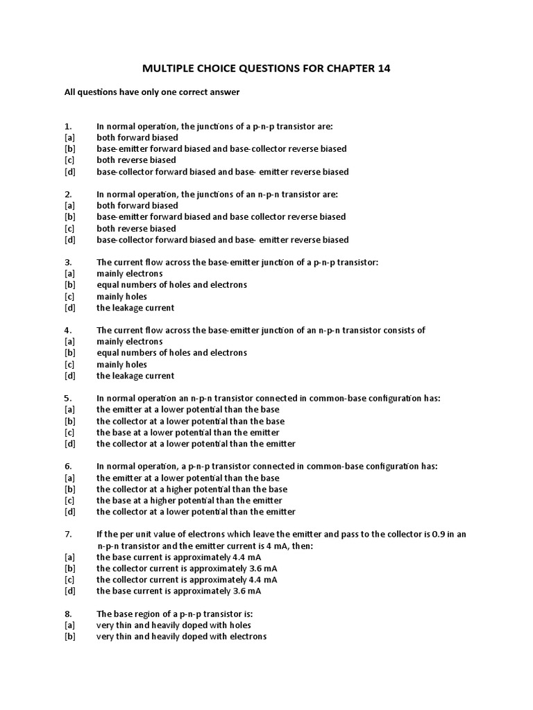 Multiple Choice Questions For Chapter 14 All Questions Have Only One