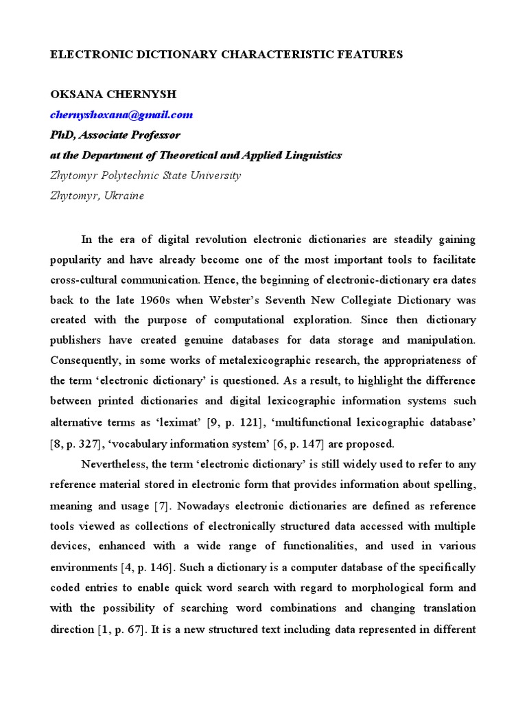 Electronic Dictionary Characteristic Features PDF Lexicography