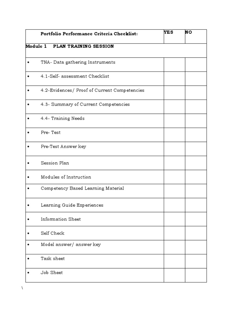 Portfolio Performance Criteria Checklist: YES NO Module 1 Plan Training ...