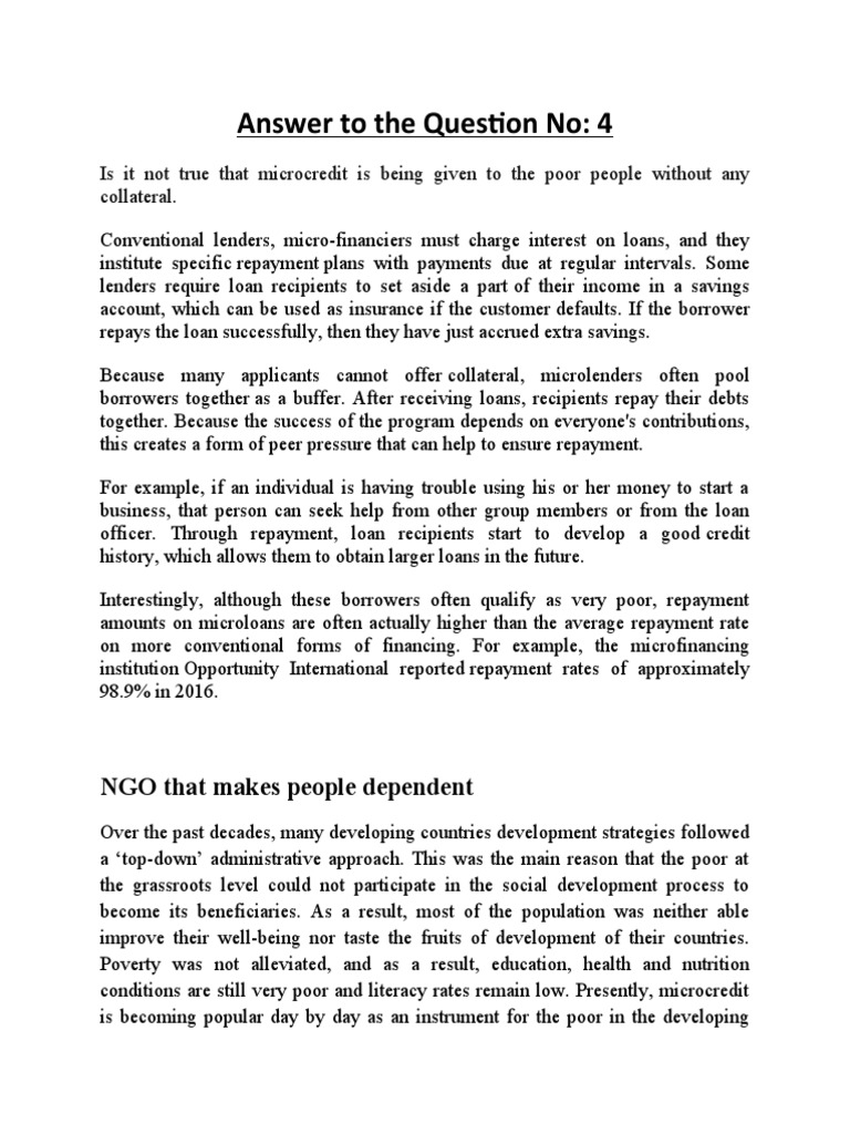 Answer To The Question No4 | PDF | Microcredit | Grameen Bank
