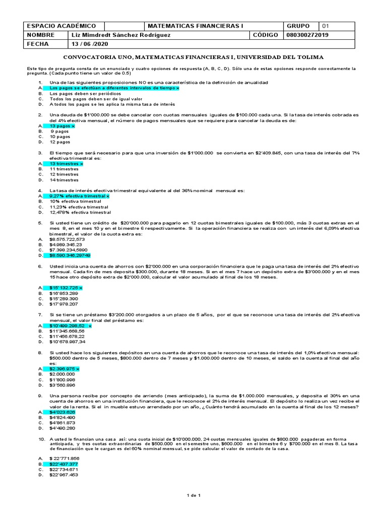 Examen Matemáticas Financieras I | PDF | Interés | Tasas de interés
