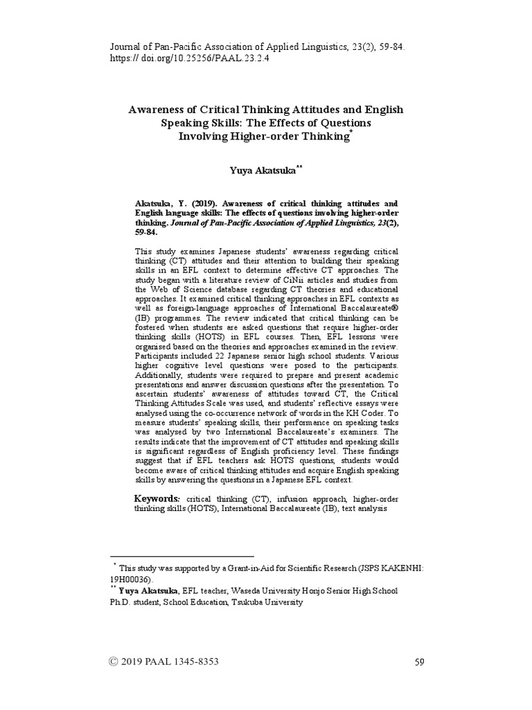 Critical Thinking Attitudes and Speaking Skills PDF | PDF | English As ...
