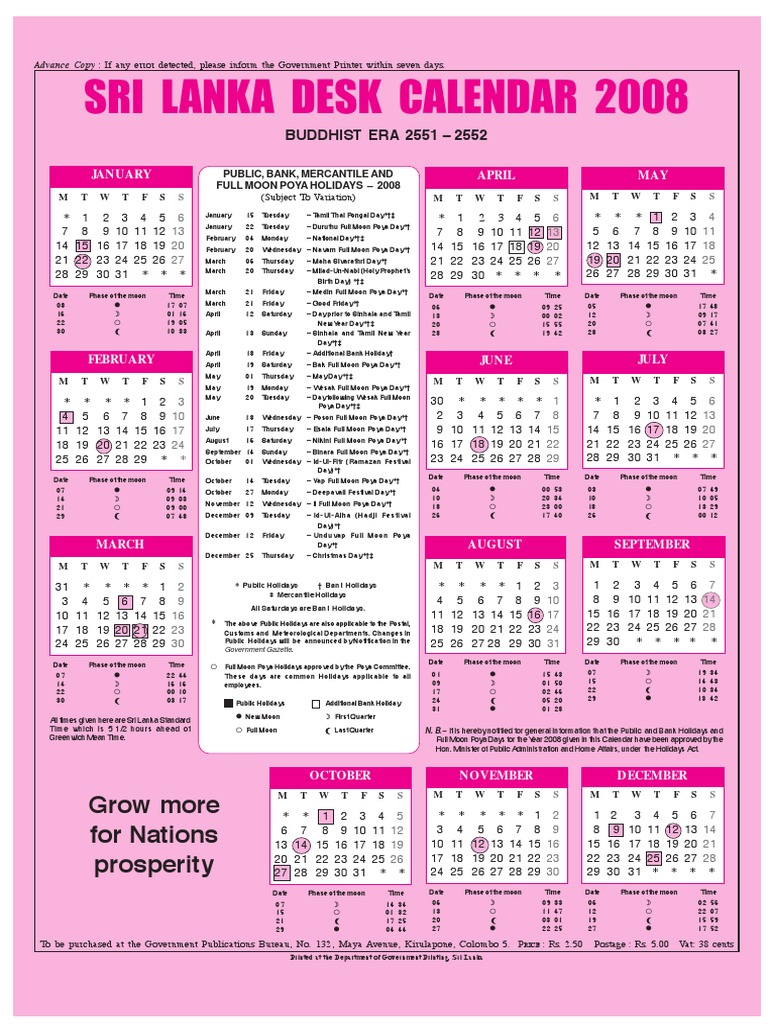 Sri Lanka Desk Calendar &: Grow More For Nations Prosperity | PDF | Public  Holiday | Observances