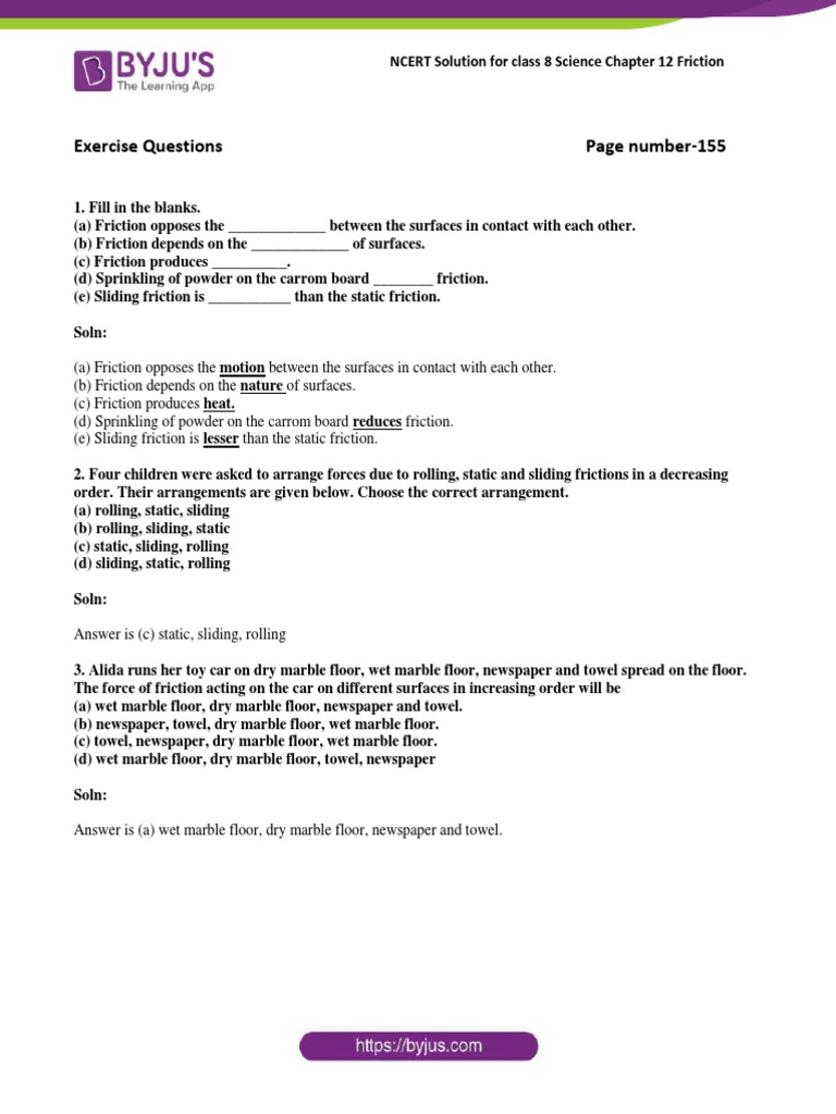 NCERT Solutions For Class 8 Science Chapter 12 | PDF | Friction | Force