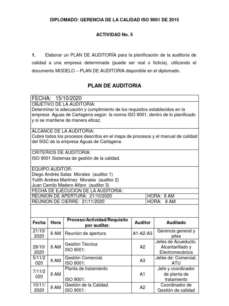 Plan de Auditoría ISO 9001 Aguas de Cartagena | PDF | Calidad ...