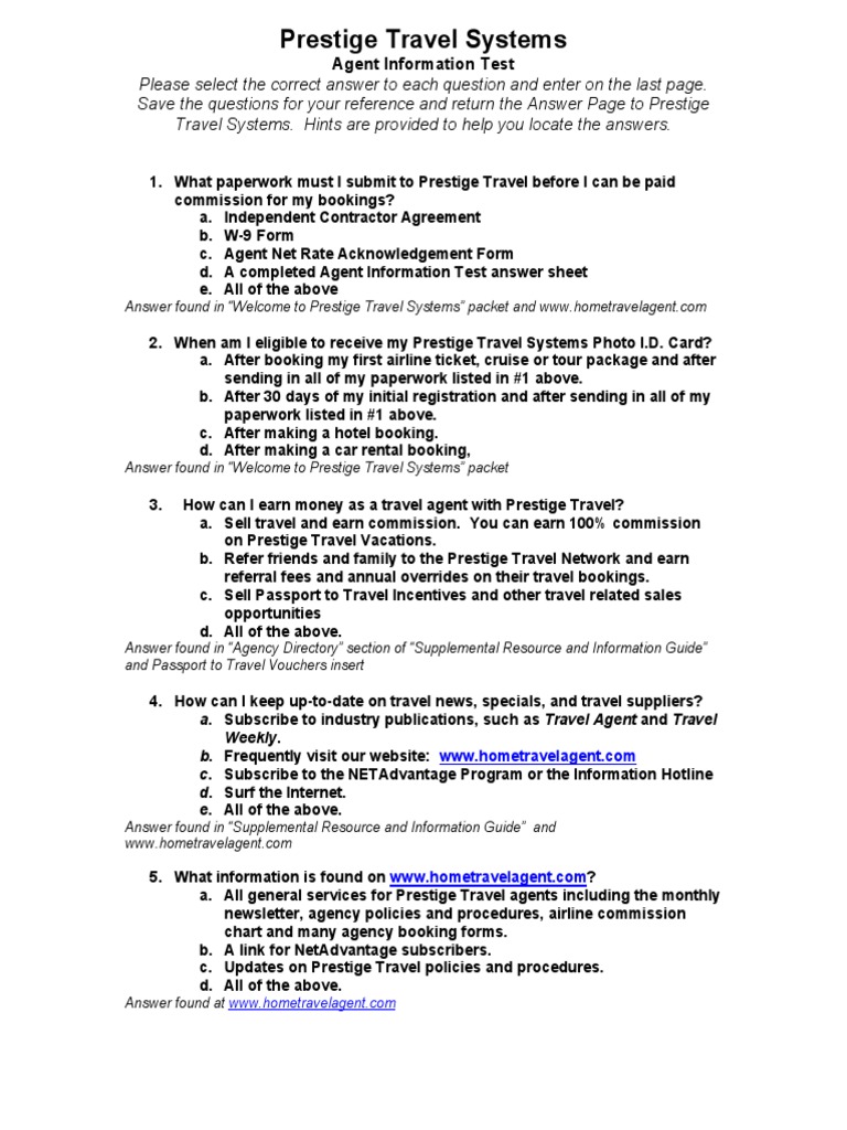 Prestige Travel Systems: Agent Information Test | PDF | Travel Agency ...