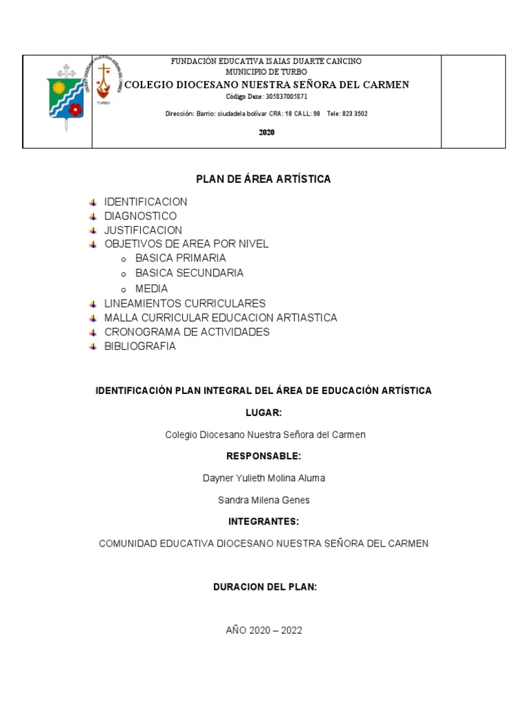 Plan de Área Artística | PDF | Educación en artes visuales | Educación ...