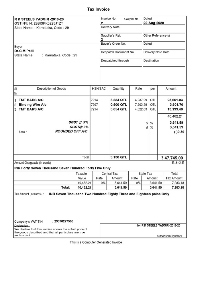 Karnataka GST Invoice for TMT Bars | PDF | Invoice | Taxes