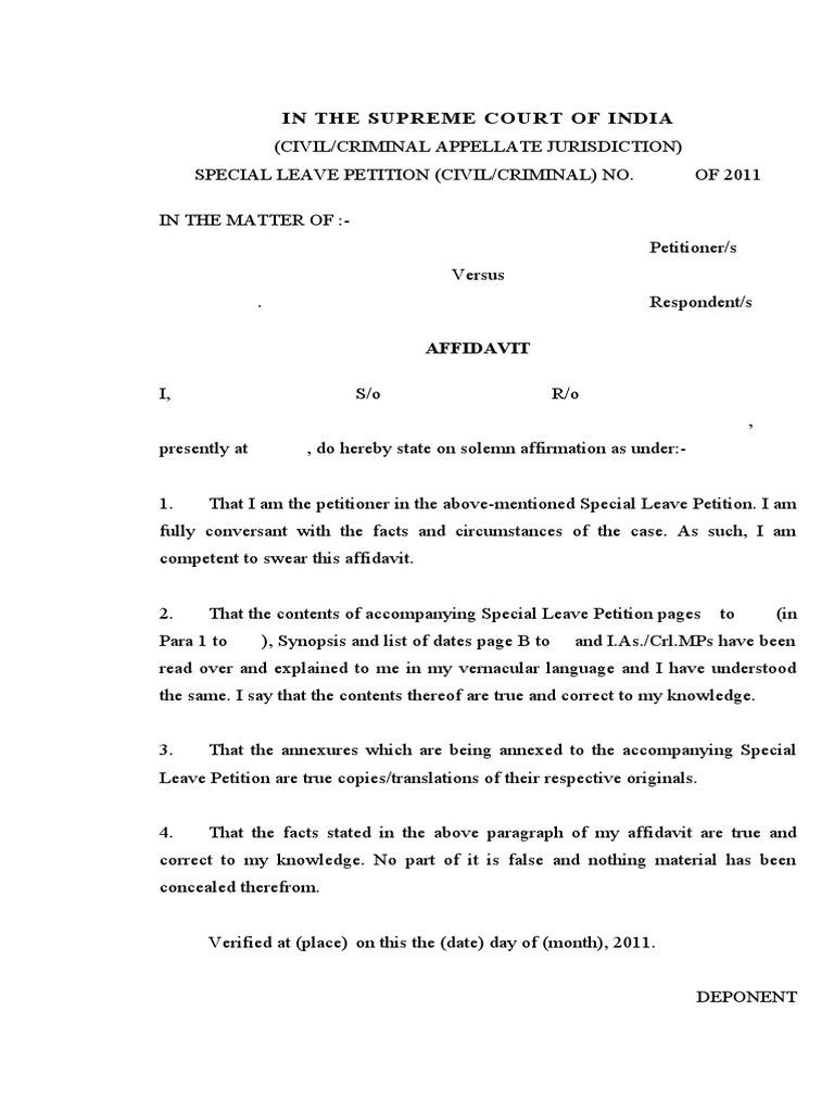 Format of Affidavit For SLP (Civil/Criminal)  PDF