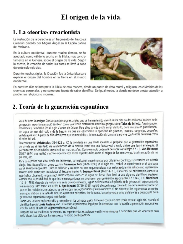 Teorías sobre el origen de la vida | PDF | Creacionismo | Abiogénesis