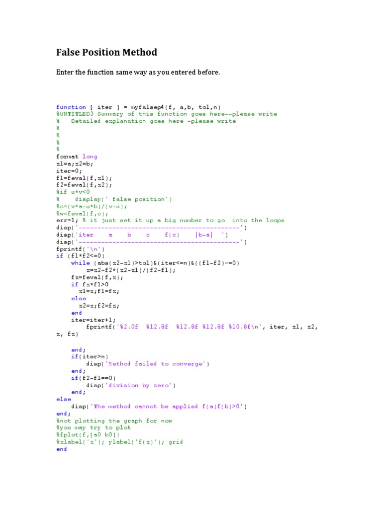 MATLAB False Position Method Code | PDF | Teaching Methods & Materials ...