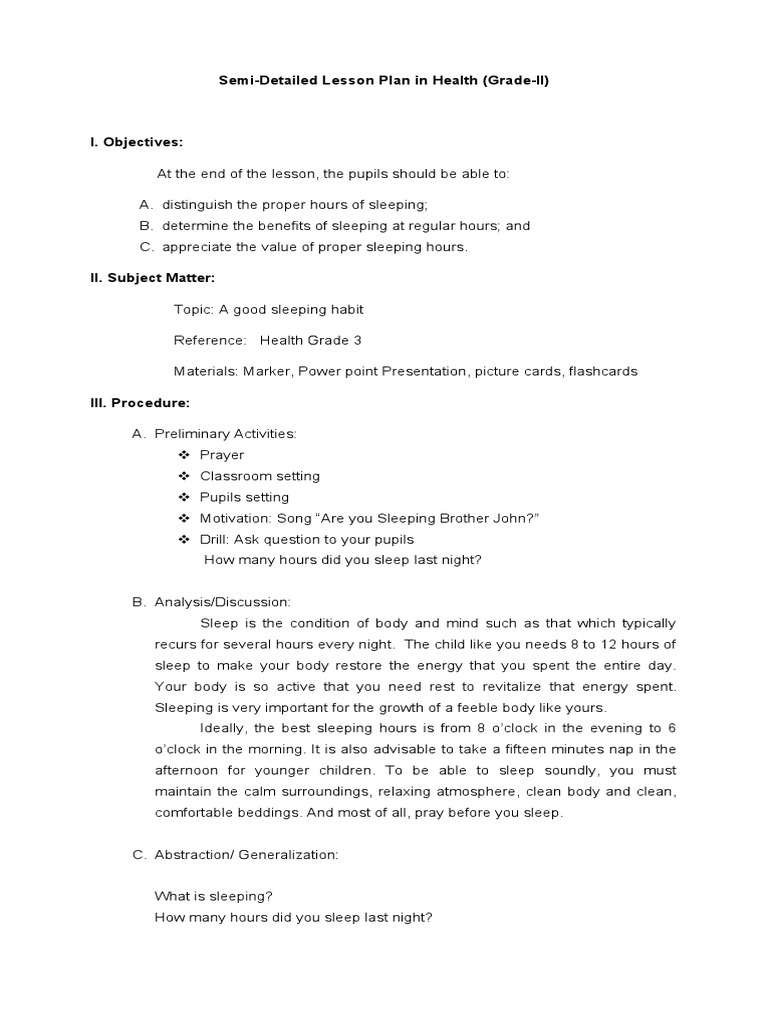 Sleep Hygiene Lesson Plan for Grade 2 | PDF | Sleep | Lesson Plan