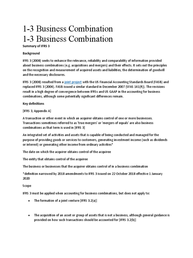 13 Business Combination 13 Business Combination Summary of IFRS 3