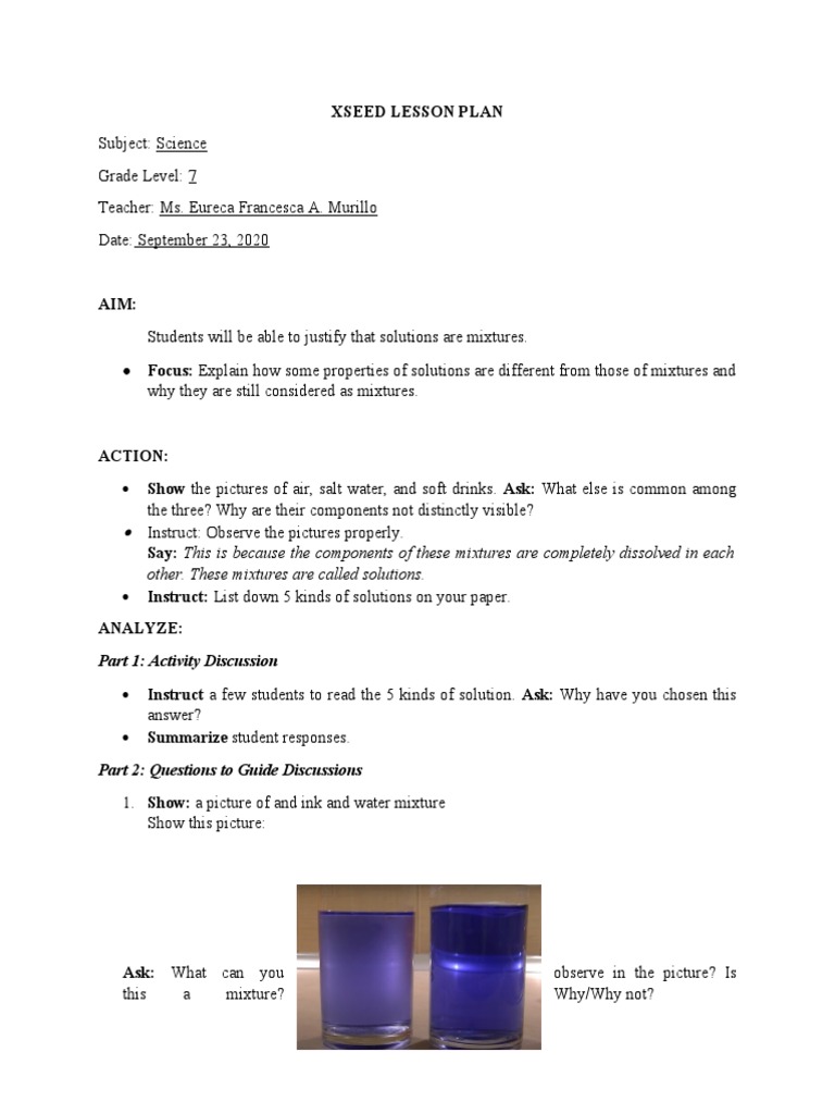 grade 7 xseed lesson plan pdf solution homogeneity and heterogeneity
