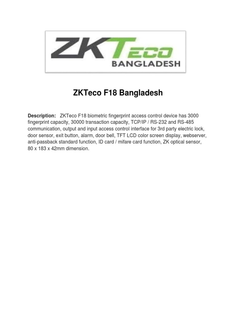 ZKTeco Access Control Solutions in Bangladesh | PDF | Business ...