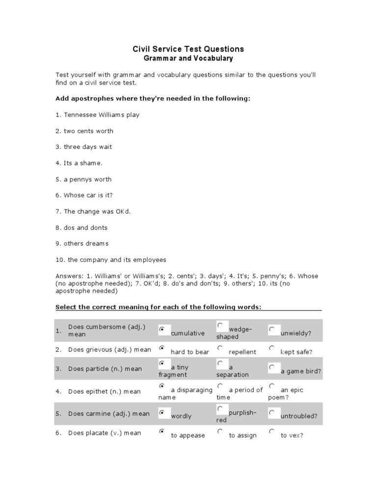 Civil Service Test Questions Linguistics Grammar